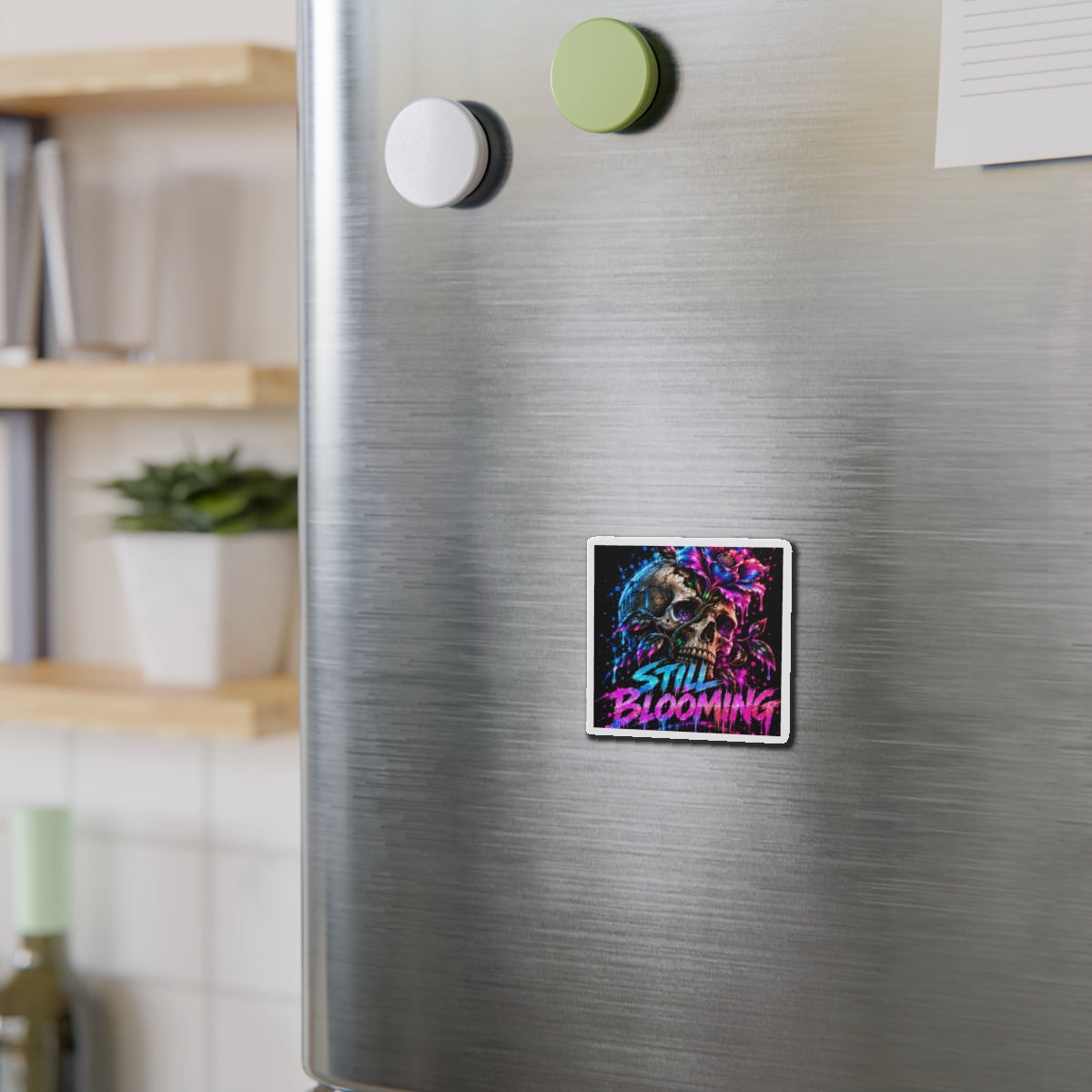 Still Blooming Skull Magnet – Neon Floral Gothic Fridge Magnet | Dark Botanical Art