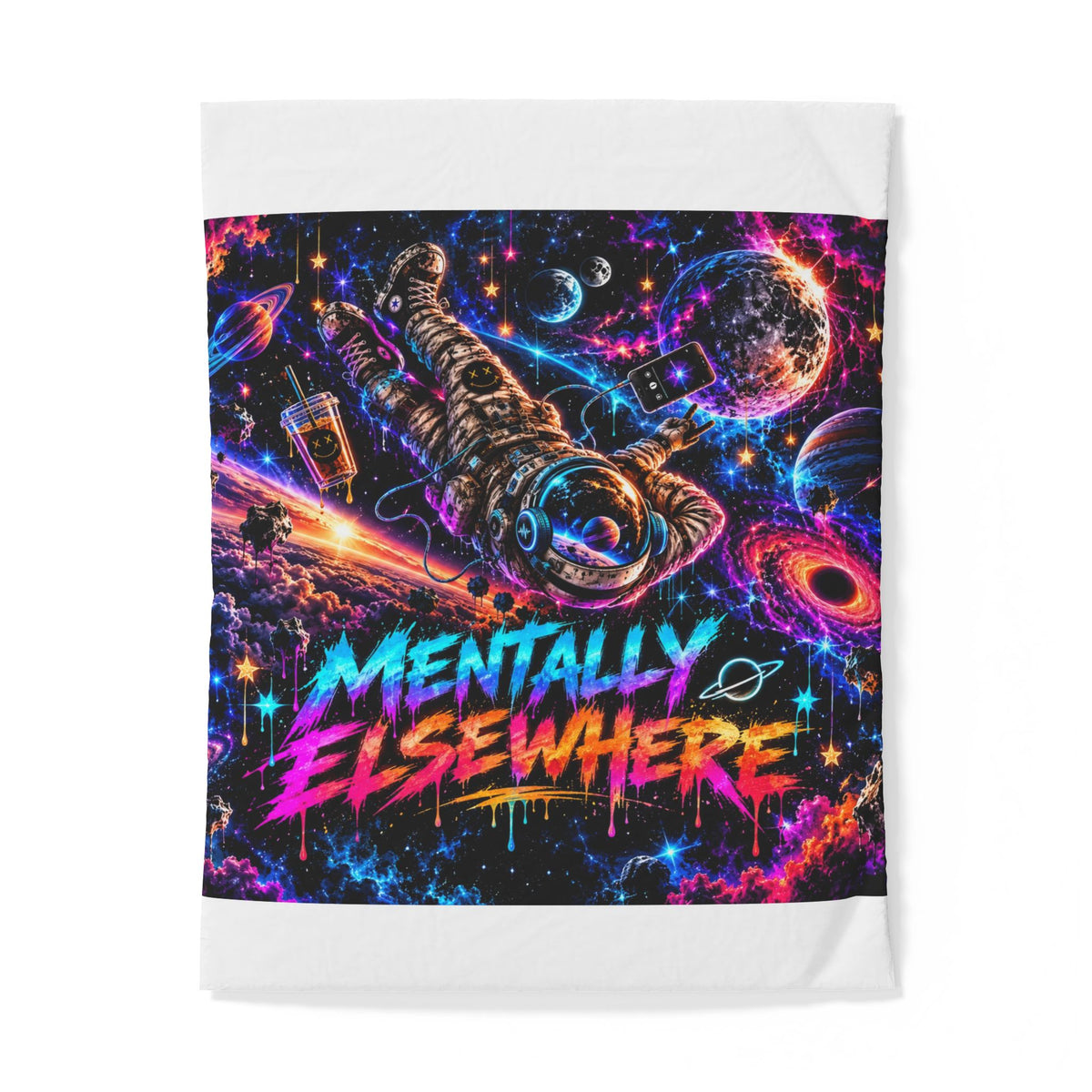 Mentally Elsewhere Cotton Duvet Cover | Neon Galaxy Astronaut Bedding | Space Bedroom Decor