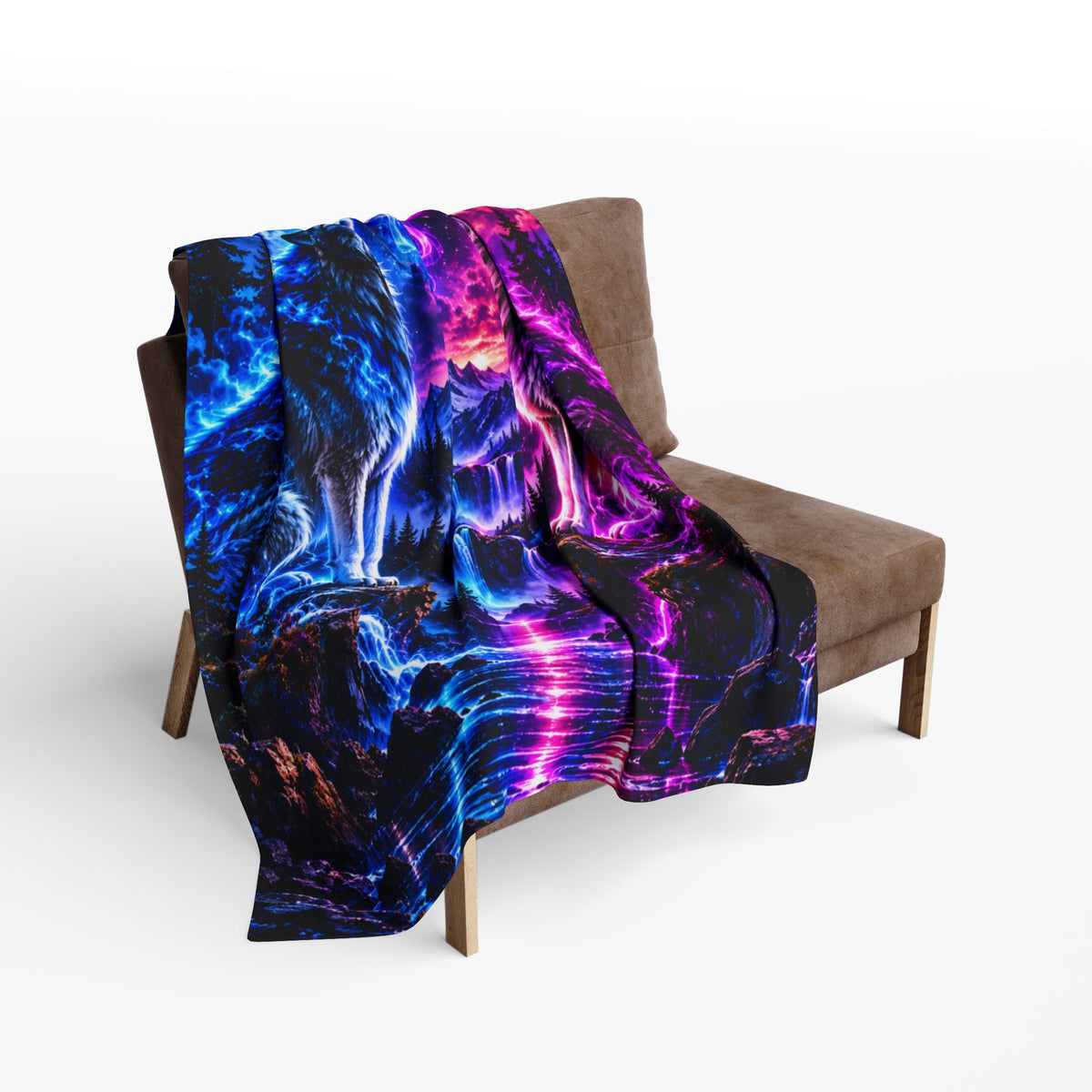 Aurora Wolf Fleece Blanket — Neon Wolves Heart Night Sky Throw