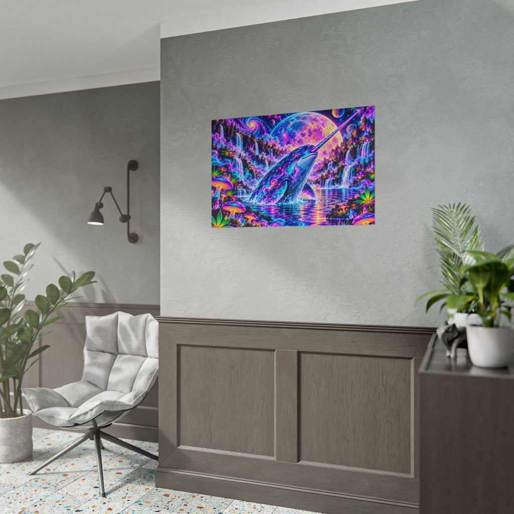 Cosmic Narwhal in Neon Paradise | Psychedelic Mushroom & Cannabis Fantasy Wall Art Poster | Hugs & Drugs