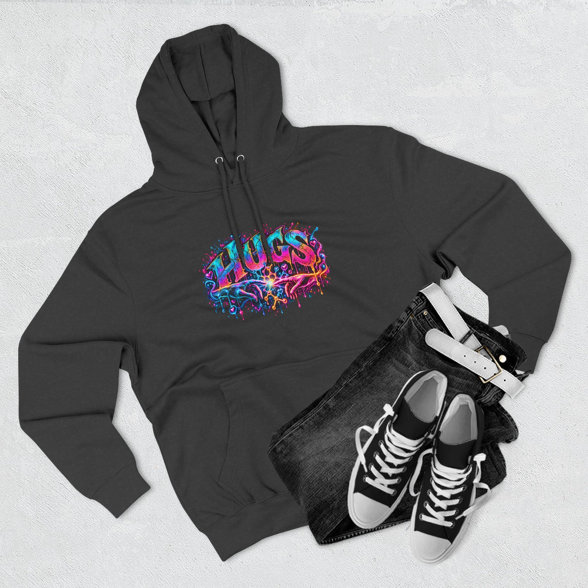 Neon HUGS Hoodie | Psychedelic Graffiti Graphic Fleece Sweatshirt