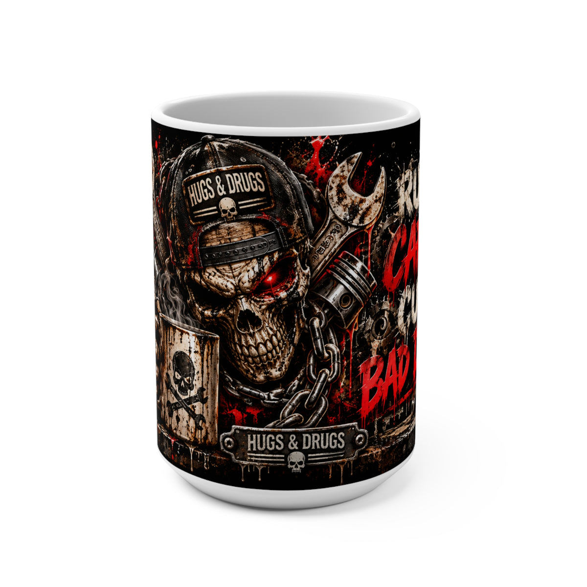 Runs on Caffeine, Curses & Bad Decisions – 15oz Skull Coffee Mug | Hugs & Drugs