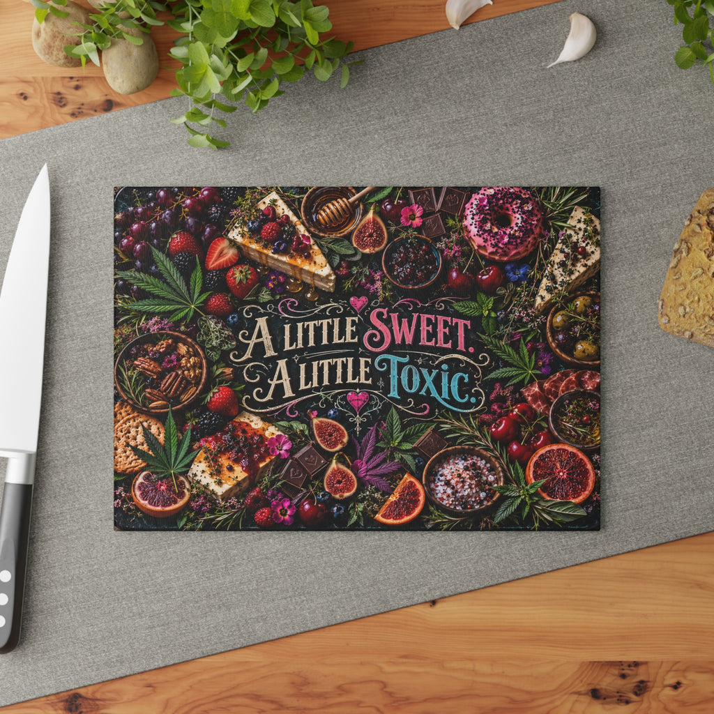 A Little Sweet A Little Toxic Glass Cutting Board | Colorful Gothic Kitchen Decor | Hugs & Drugs