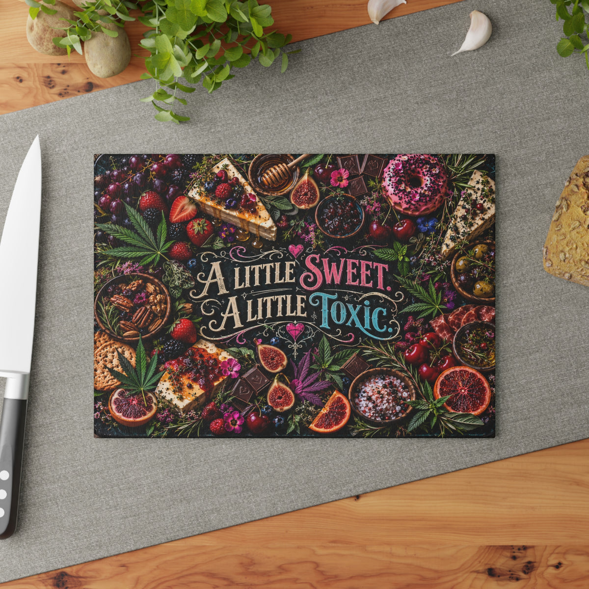 A Little Sweet A Little Toxic Glass Cutting Board | Colorful Gothic Kitchen Decor | Hugs & Drugs