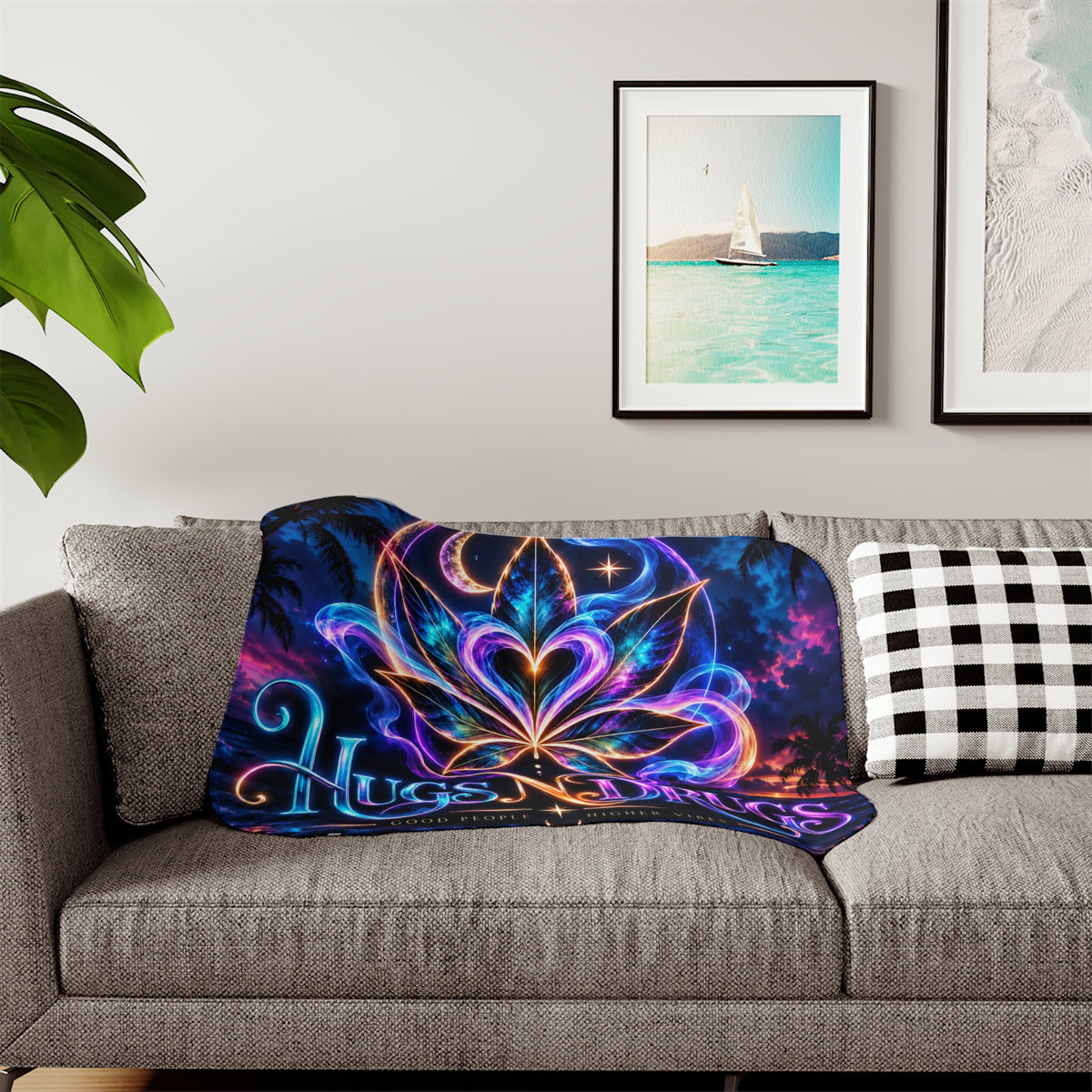Hugs & Drugs Neon Lotus Sherpa Blanket – Psychedelic Heart Design | Cozy Fleece Throw