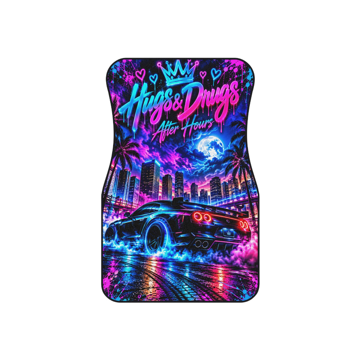 Hugs & Drugs After Hours Car Floor Mats – Neon Sports Car Design | Set of 2 Front)