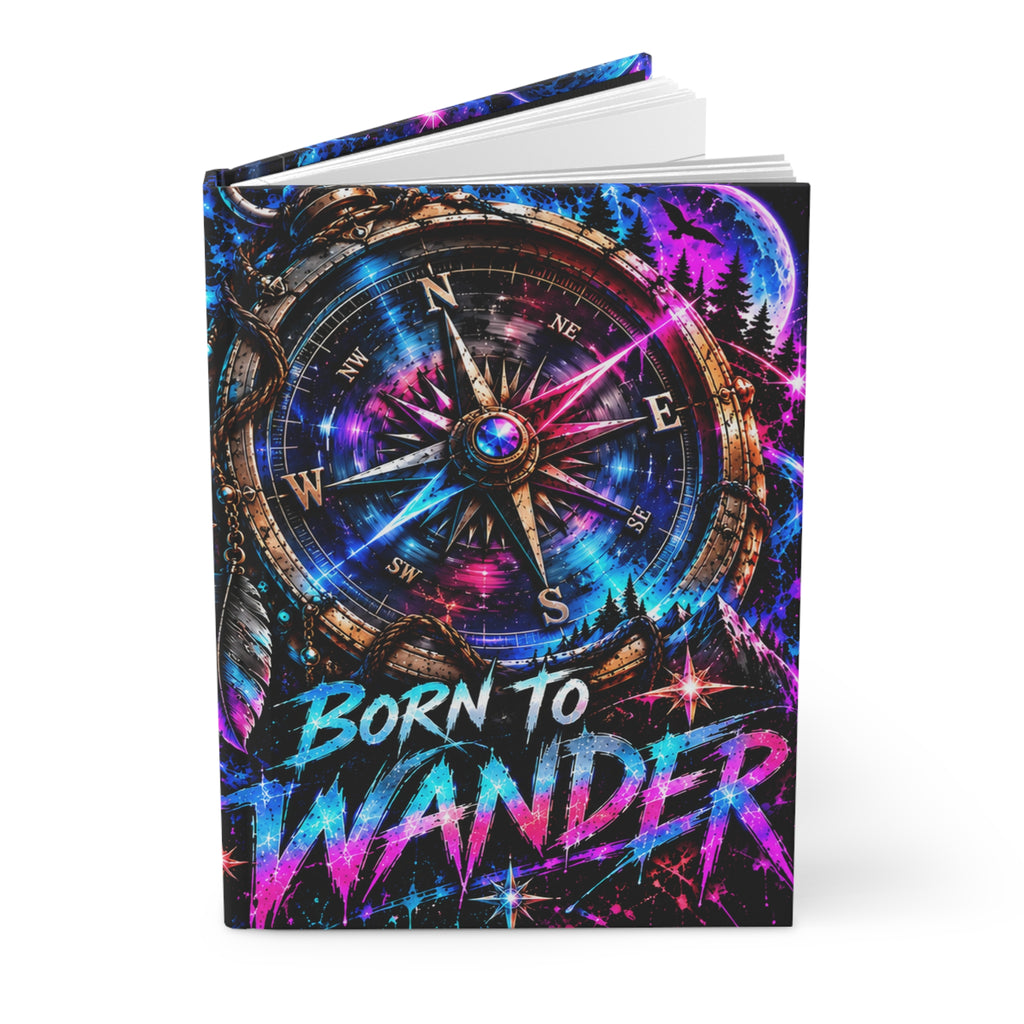 Born to Wander Hardcover Journal — Neon Compass Travel Notebook (Lined)