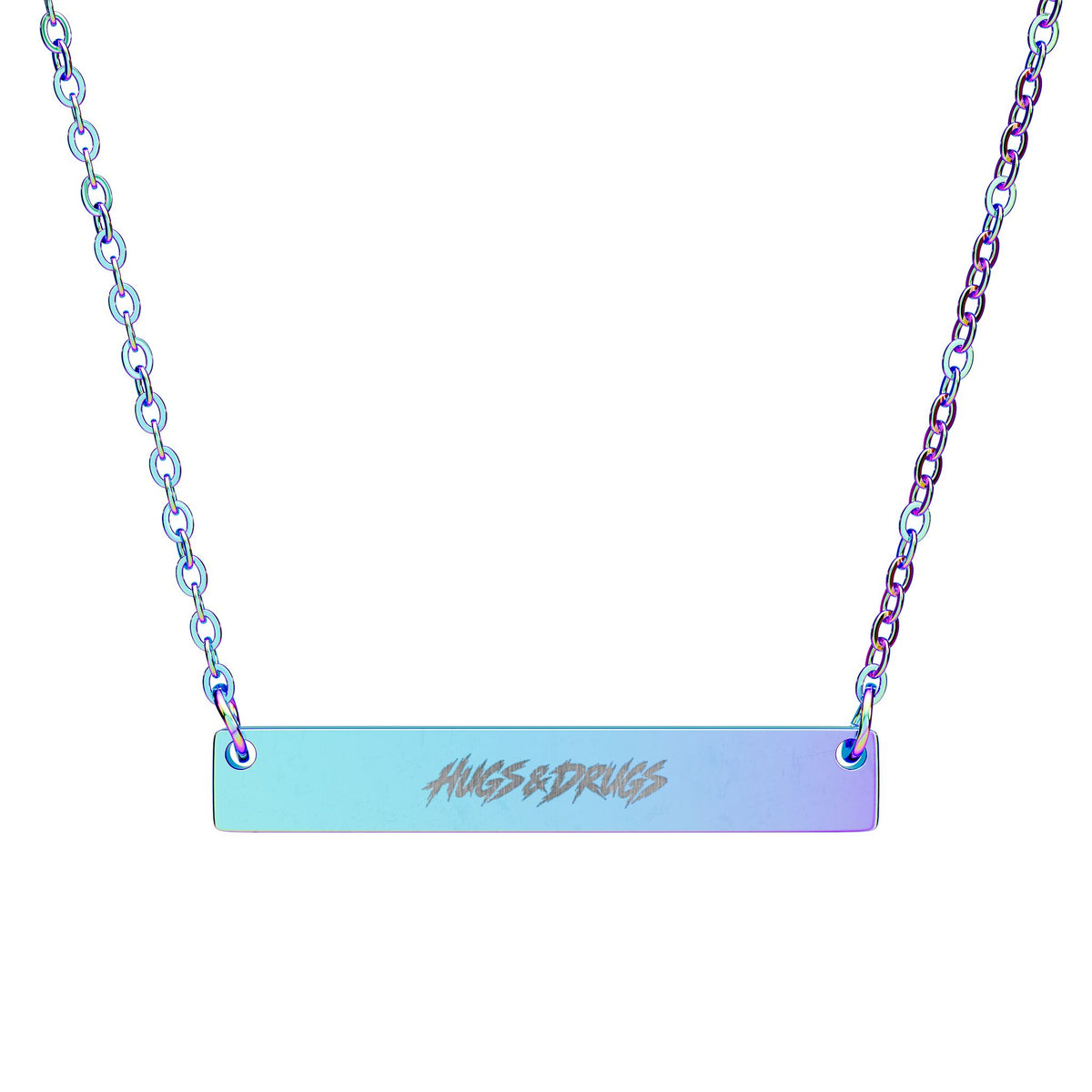 HUGS & DRUGS Engraved Bar Necklace | Edgy Stainless Steel Jewelry | Alternative Unisex Necklace