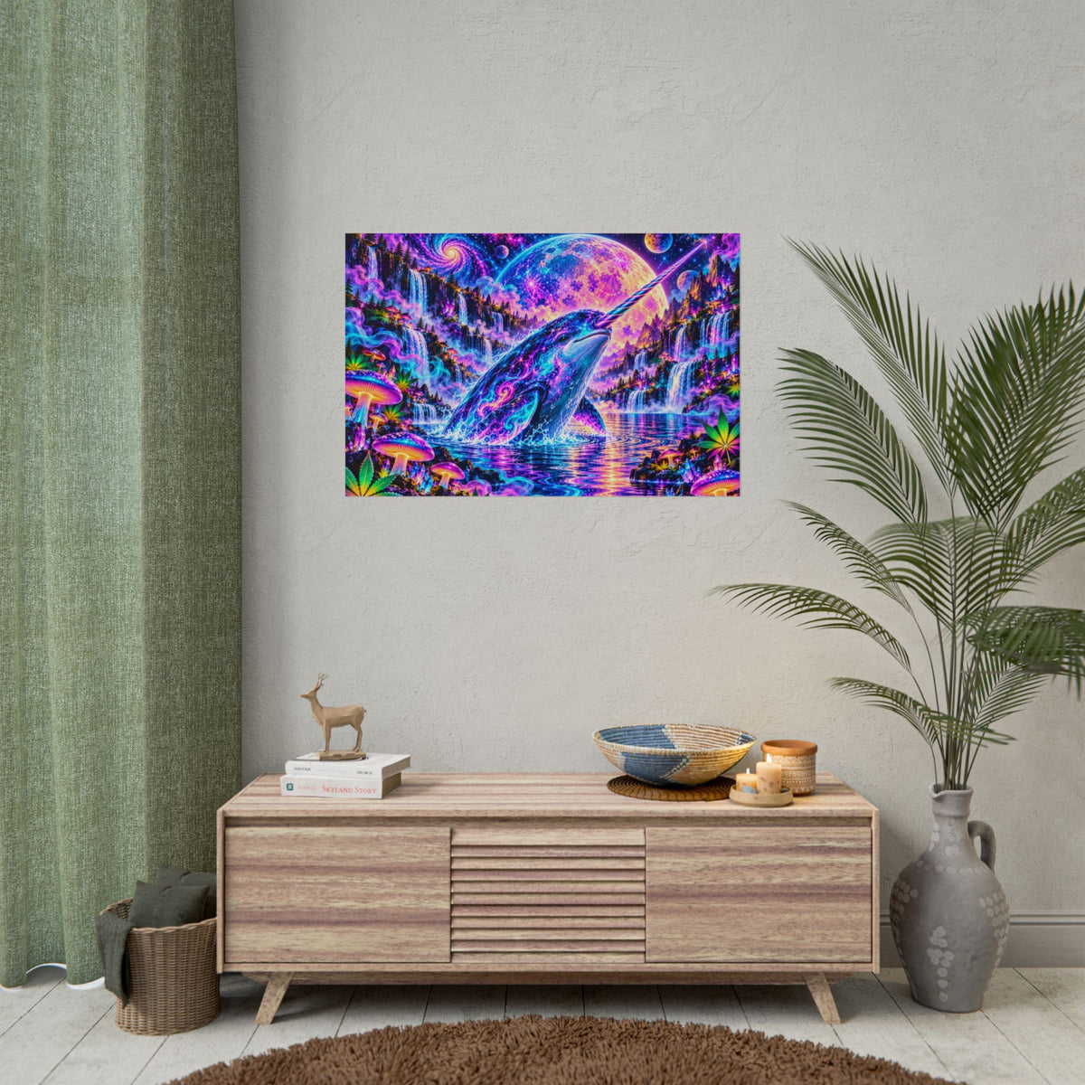 Cosmic Narwhal in Neon Paradise | Psychedelic Mushroom & Cannabis Fantasy Wall Art Poster | Hugs & Drugs