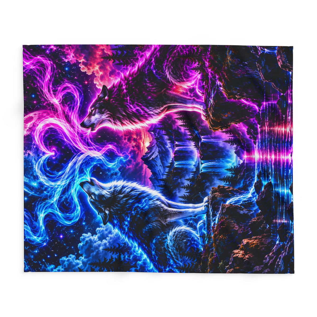 Aurora Wolf Fleece Blanket — Neon Wolves Heart Night Sky Throw