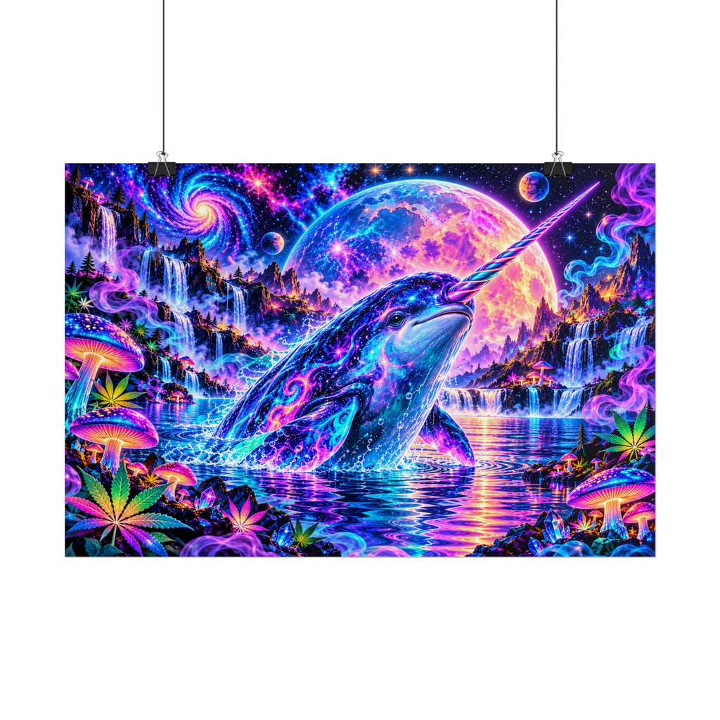 Cosmic Narwhal in Neon Paradise | Psychedelic Mushroom & Cannabis Fantasy Wall Art Poster | Hugs & Drugs