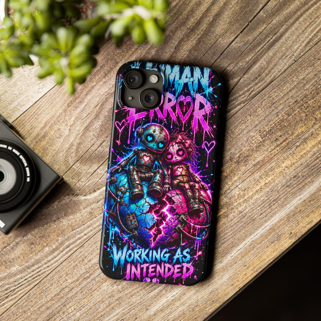 Human Error – Working As Intended Slim iPhone Case | Neon Robot Graphic Phone Cover