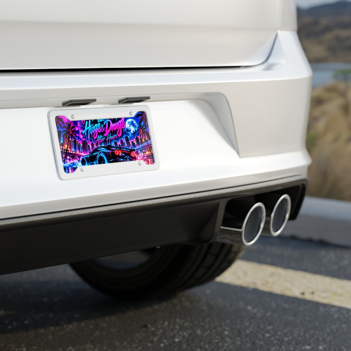 Hugs & Drugs After Hours Neon Car License Plate | Sports Car & Street Racing Auto Decor