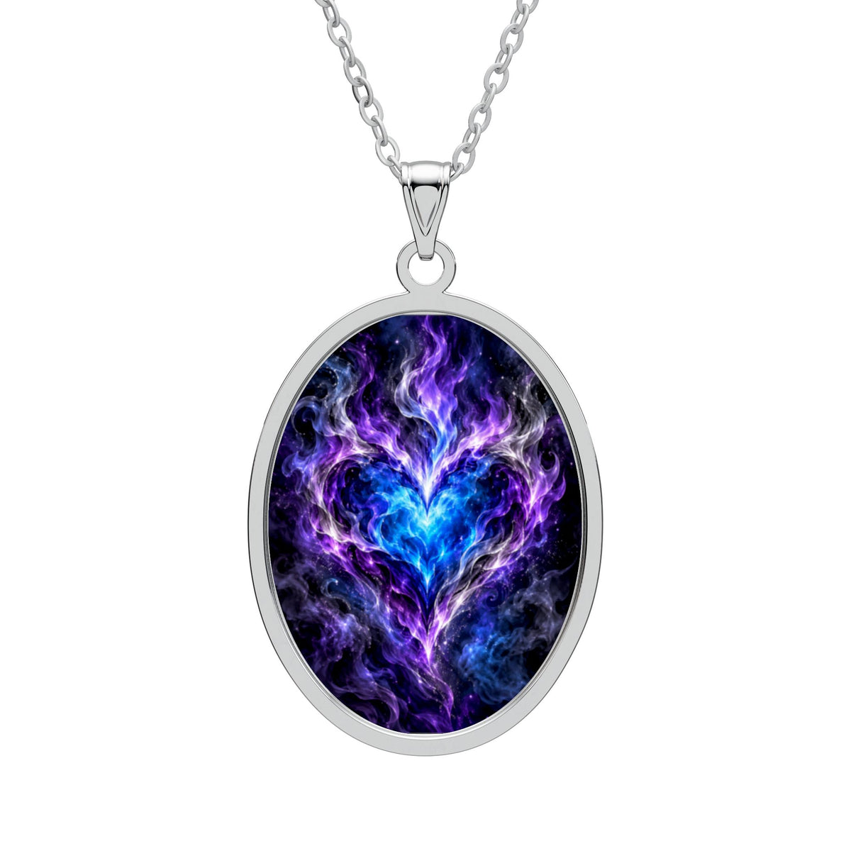 Soul on Fire Necklace | Blue Flame Heart Oval Pendant | Jewelry for Women
