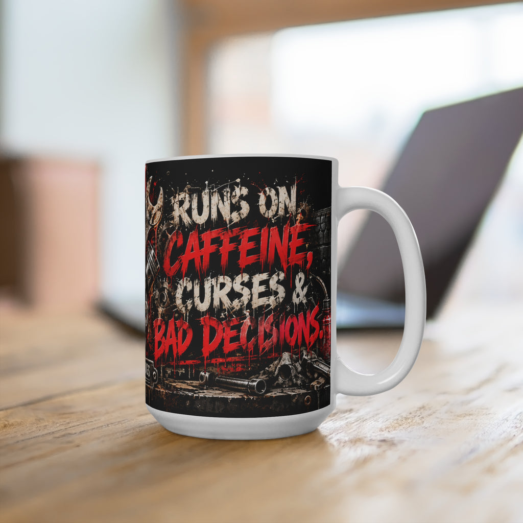 Runs on Caffeine, Curses & Bad Decisions – 15oz Skull Coffee Mug | Hugs & Drugs