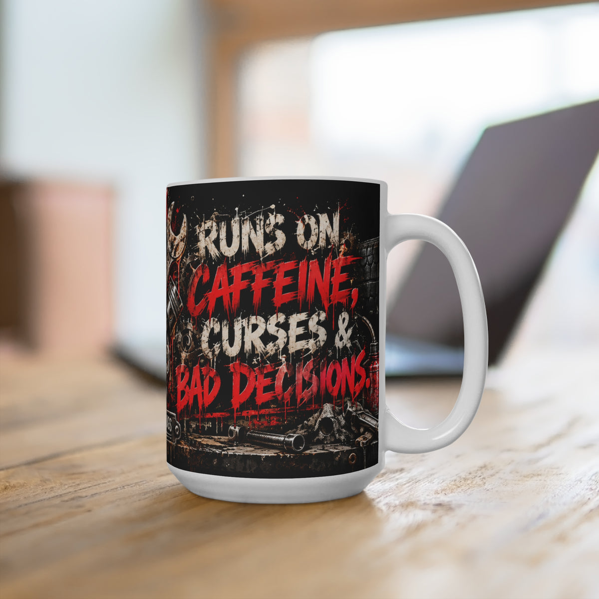Runs on Caffeine, Curses & Bad Decisions – 15oz Skull Coffee Mug | Hugs & Drugs