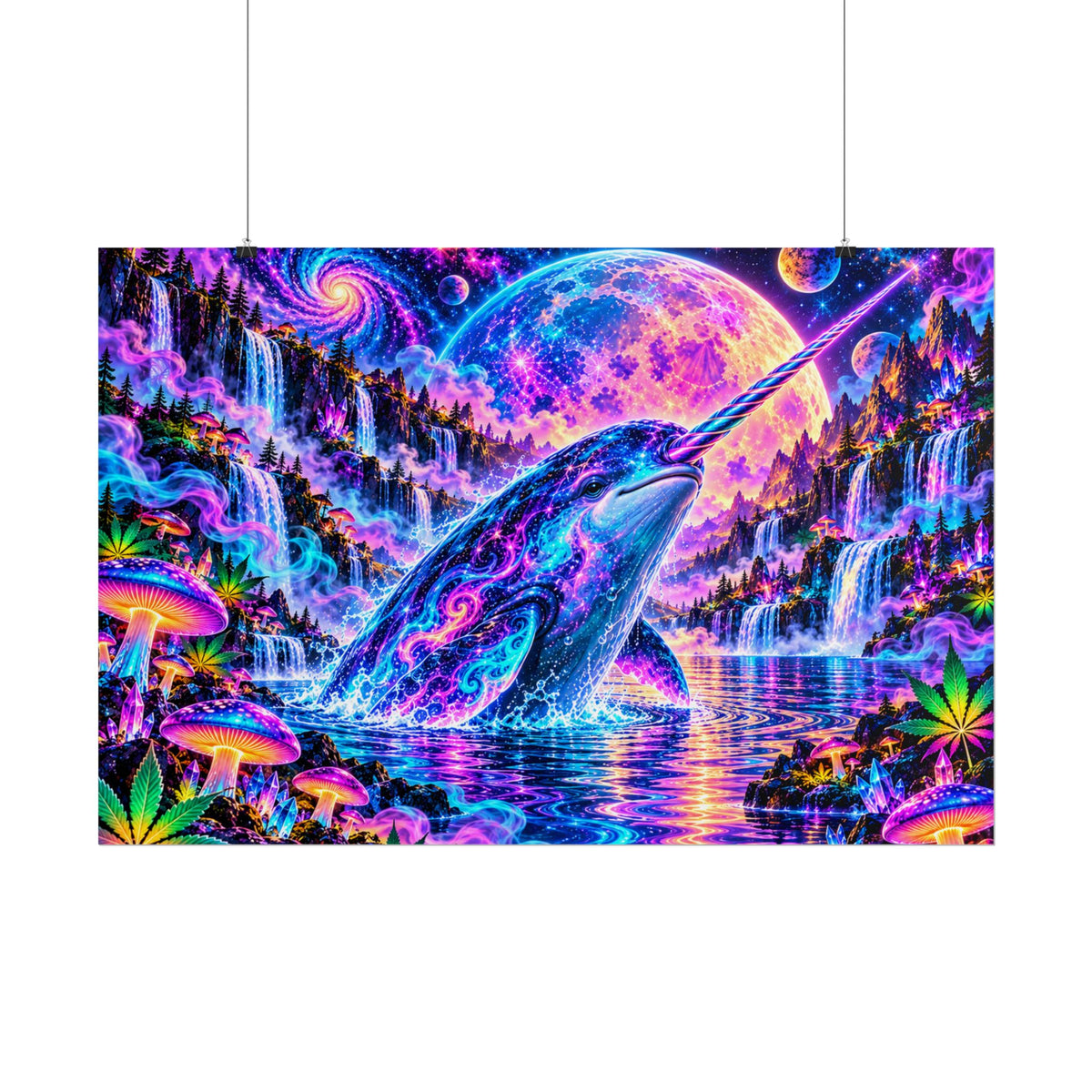 Cosmic Narwhal in Neon Paradise | Psychedelic Mushroom & Cannabis Fantasy Wall Art Poster | Hugs & Drugs