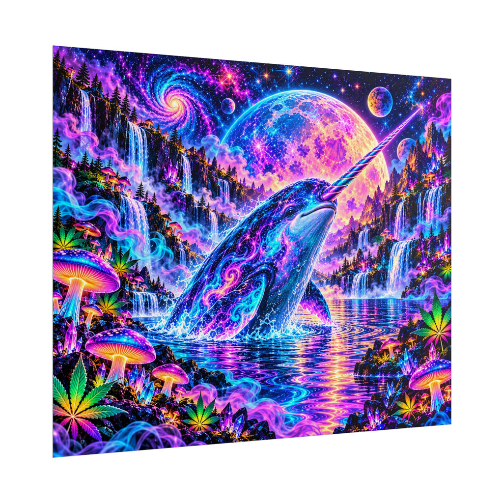 Cosmic Narwhal in Neon Paradise | Psychedelic Mushroom & Cannabis Fantasy Wall Art Poster | Hugs & Drugs