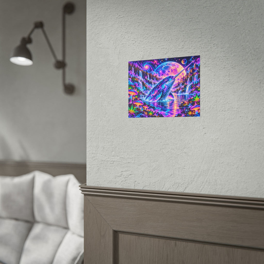 Cosmic Narwhal in Neon Paradise | Psychedelic Mushroom & Cannabis Fantasy Wall Art Poster | Hugs & Drugs