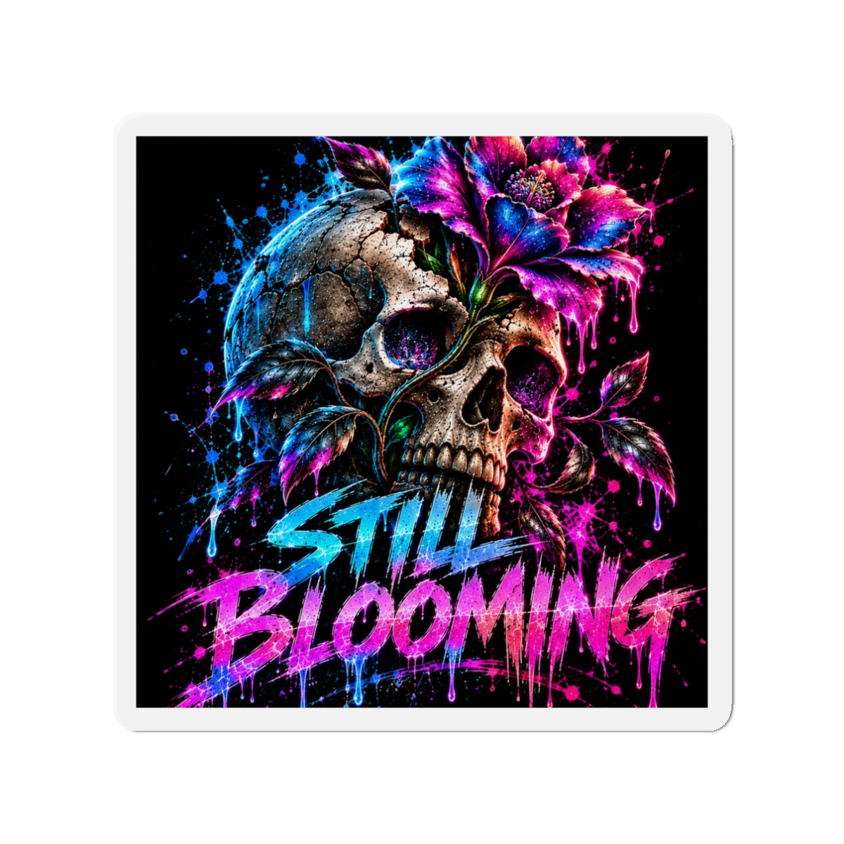 Still Blooming Skull Magnet – Neon Floral Gothic Fridge Magnet | Dark Botanical Art