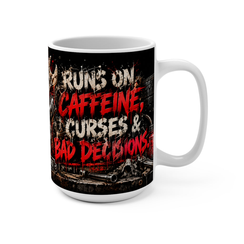 Runs on Caffeine, Curses & Bad Decisions – 15oz Skull Coffee Mug | Hugs & Drugs