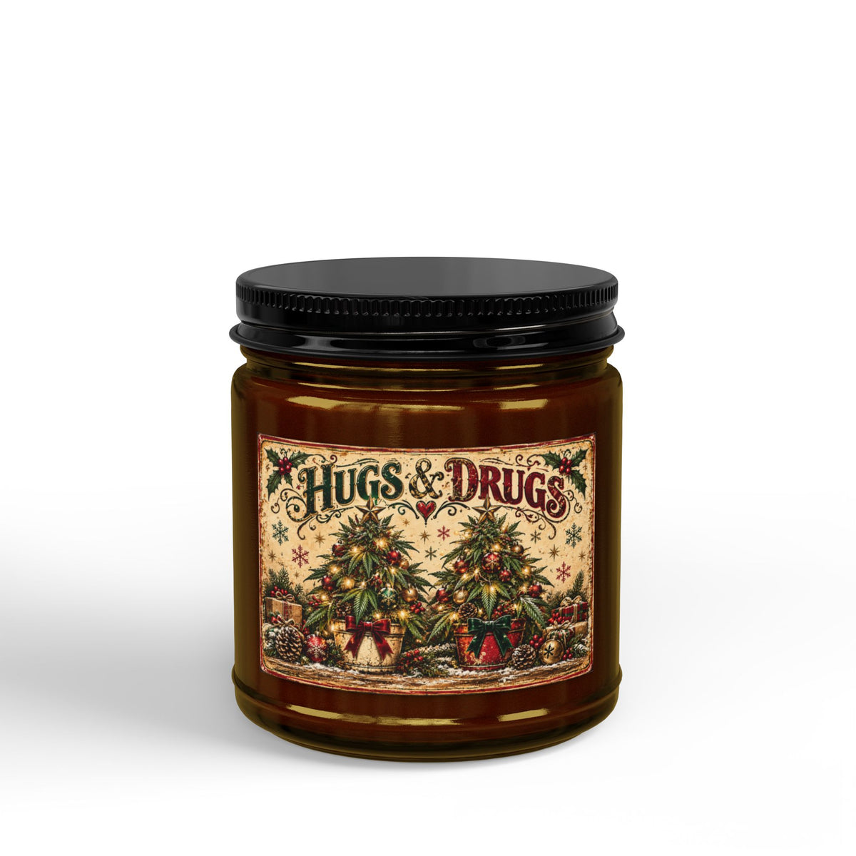 Hugs & Drugs Christmas Tree Candle | Funny Cannabis-Inspired Holiday Soy Candle