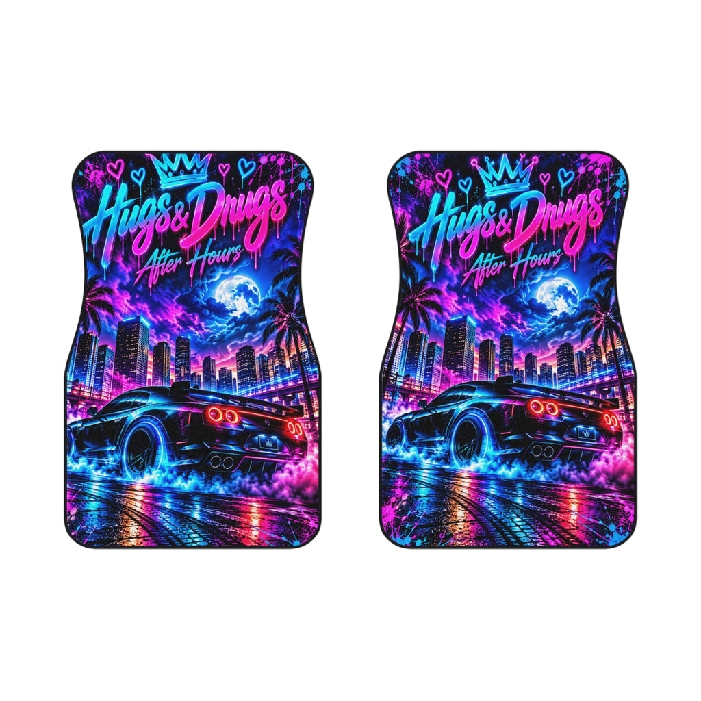 Hugs & Drugs After Hours Car Floor Mats – Neon Sports Car Design | Set of 2 Front)