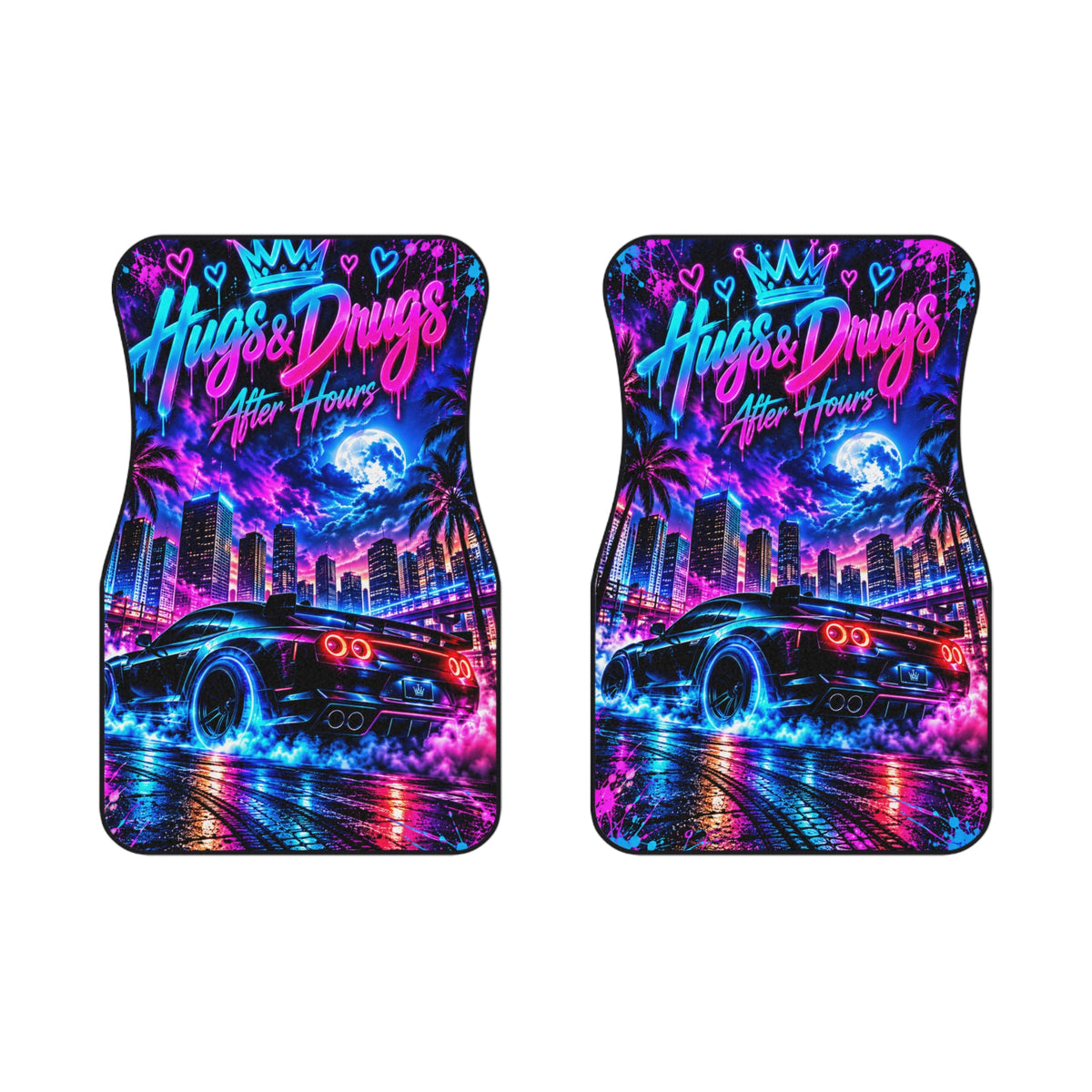 Hugs & Drugs After Hours Car Floor Mats – Neon Sports Car Design | Set of 2 Front)