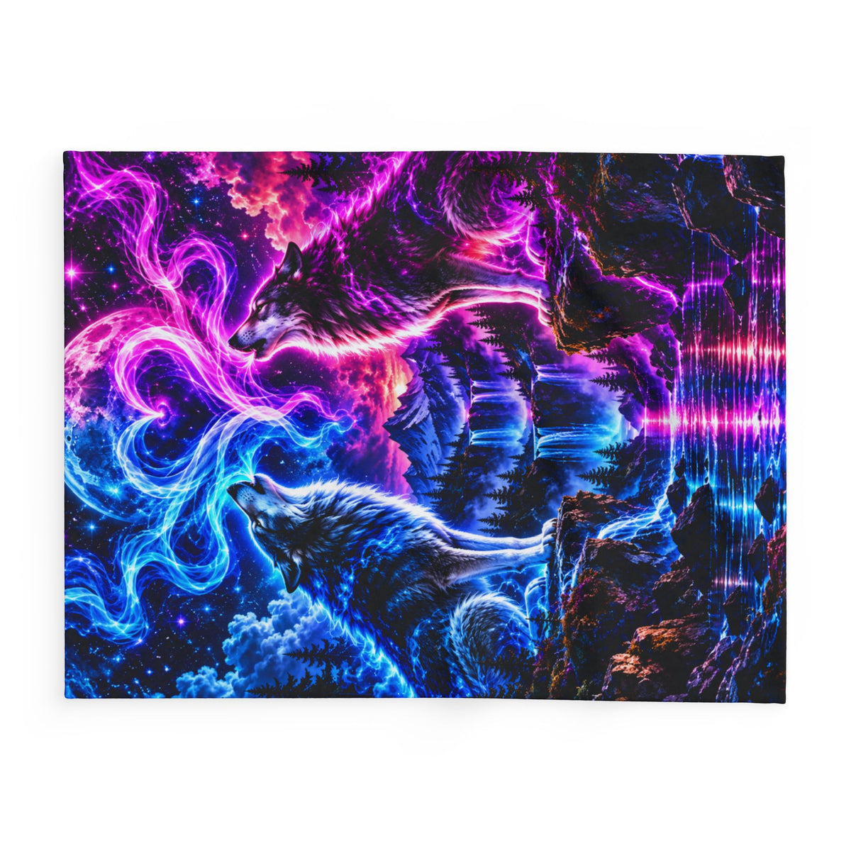 Aurora Wolf Fleece Blanket — Neon Wolves Heart Night Sky Throw