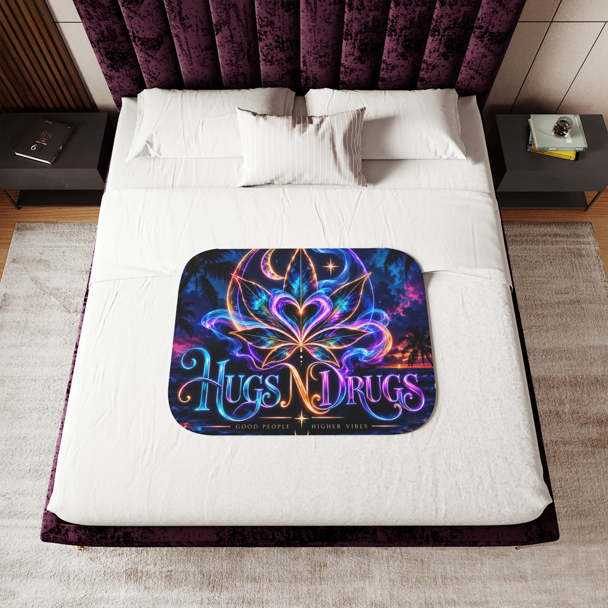 Hugs & Drugs Neon Lotus Sherpa Blanket – Psychedelic Heart Design | Cozy Fleece Throw