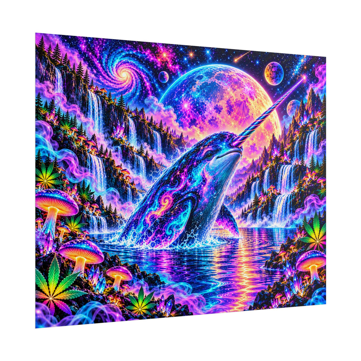 Cosmic Narwhal in Neon Paradise | Psychedelic Mushroom & Cannabis Fantasy Wall Art Poster | Hugs & Drugs