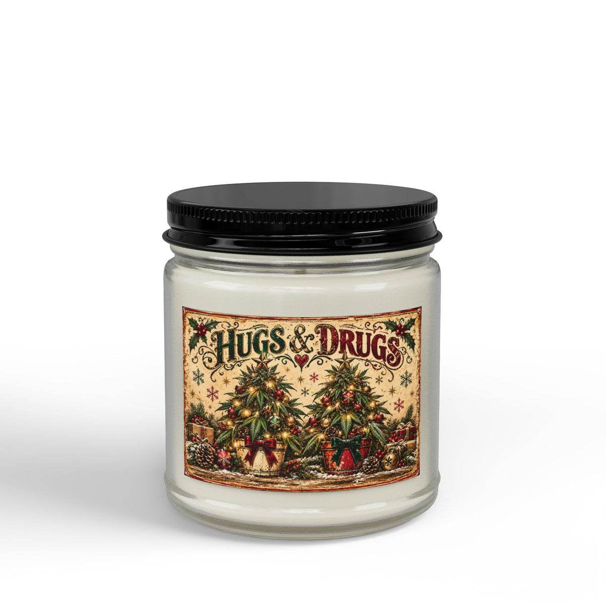 Hugs & Drugs Christmas Tree Candle | Funny Cannabis-Inspired Holiday Soy Candle
