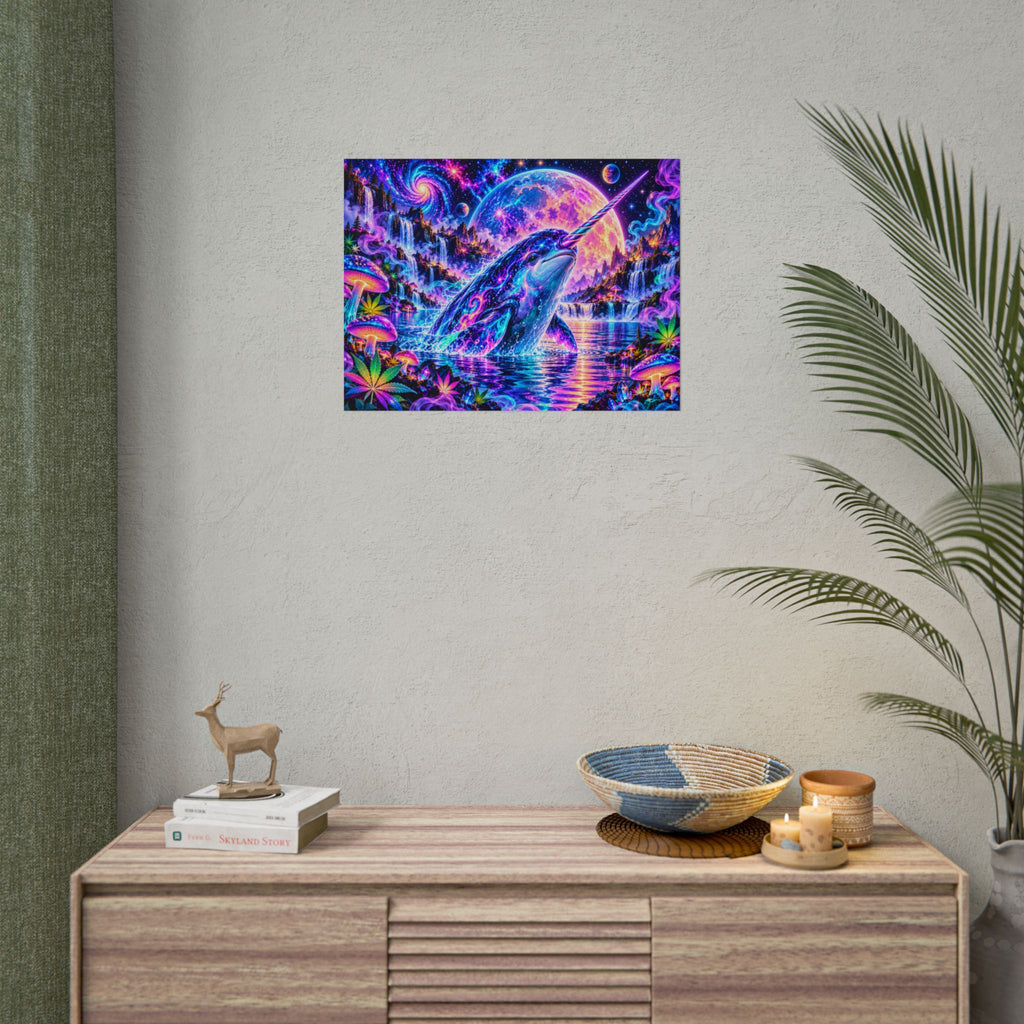 Cosmic Narwhal in Neon Paradise | Psychedelic Mushroom & Cannabis Fantasy Wall Art Poster | Hugs & Drugs