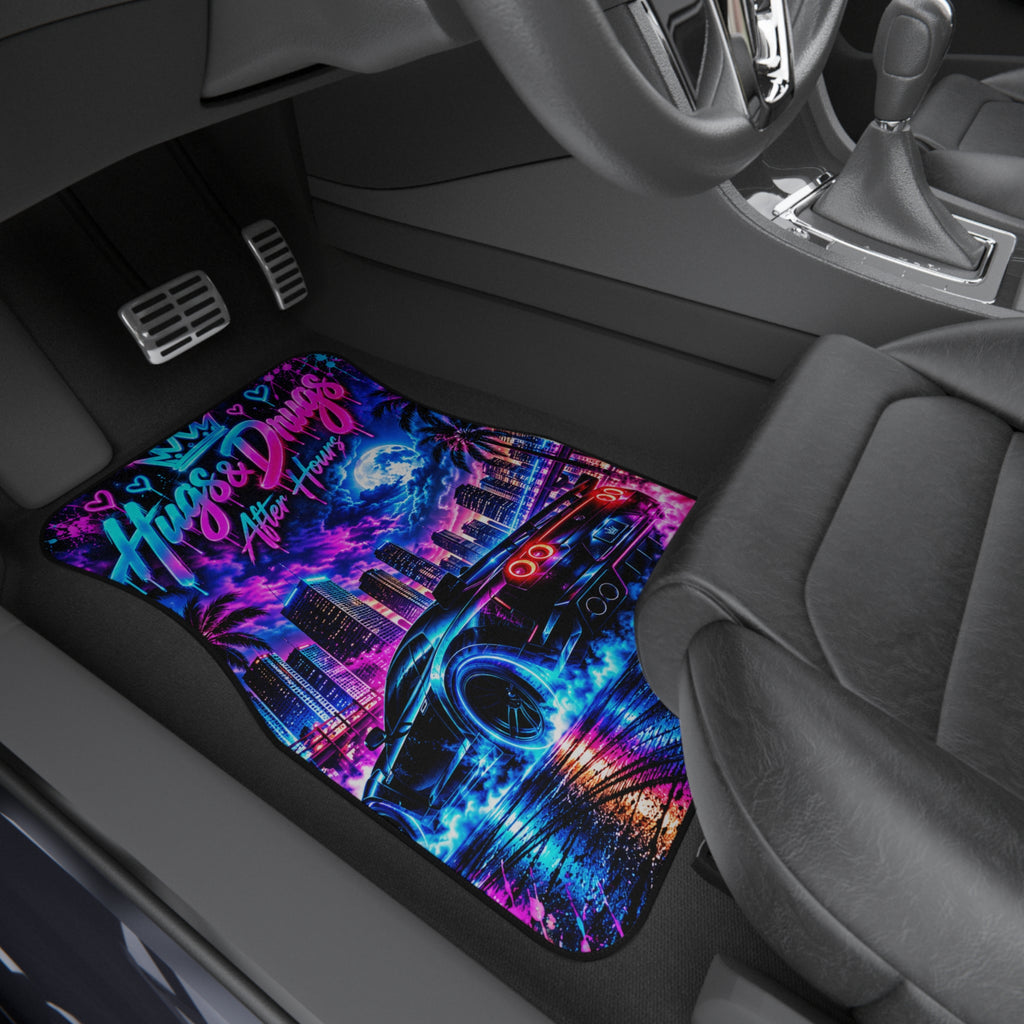 Hugs & Drugs After Hours Car Floor Mats – Neon Sports Car Design | Set of 2 Front)