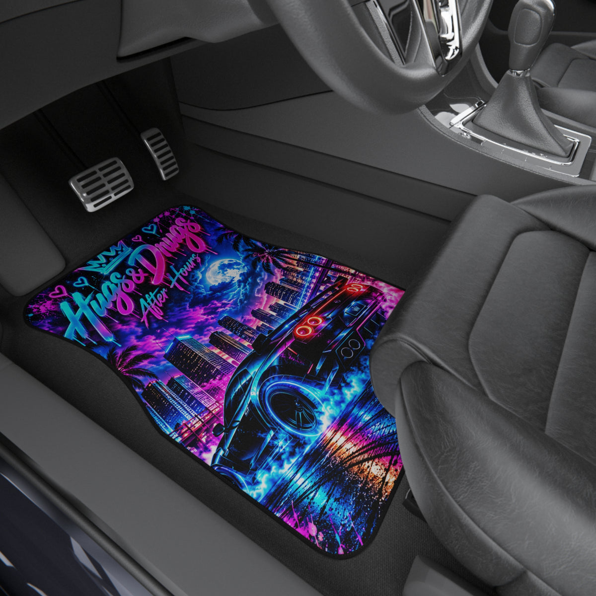 Hugs & Drugs After Hours Car Floor Mats – Neon Sports Car Design | Set of 2 Front)