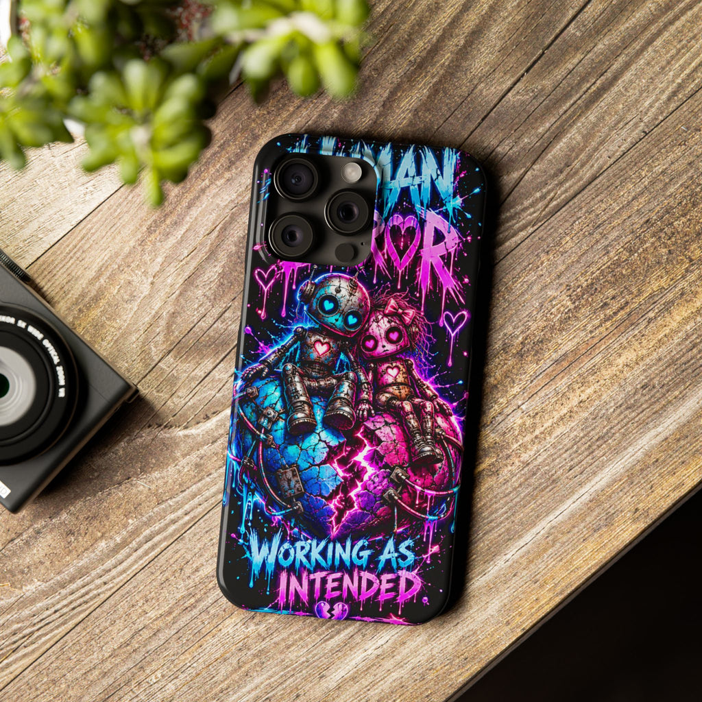 Human Error – Working As Intended Slim iPhone Case | Neon Robot Graphic Phone Cover