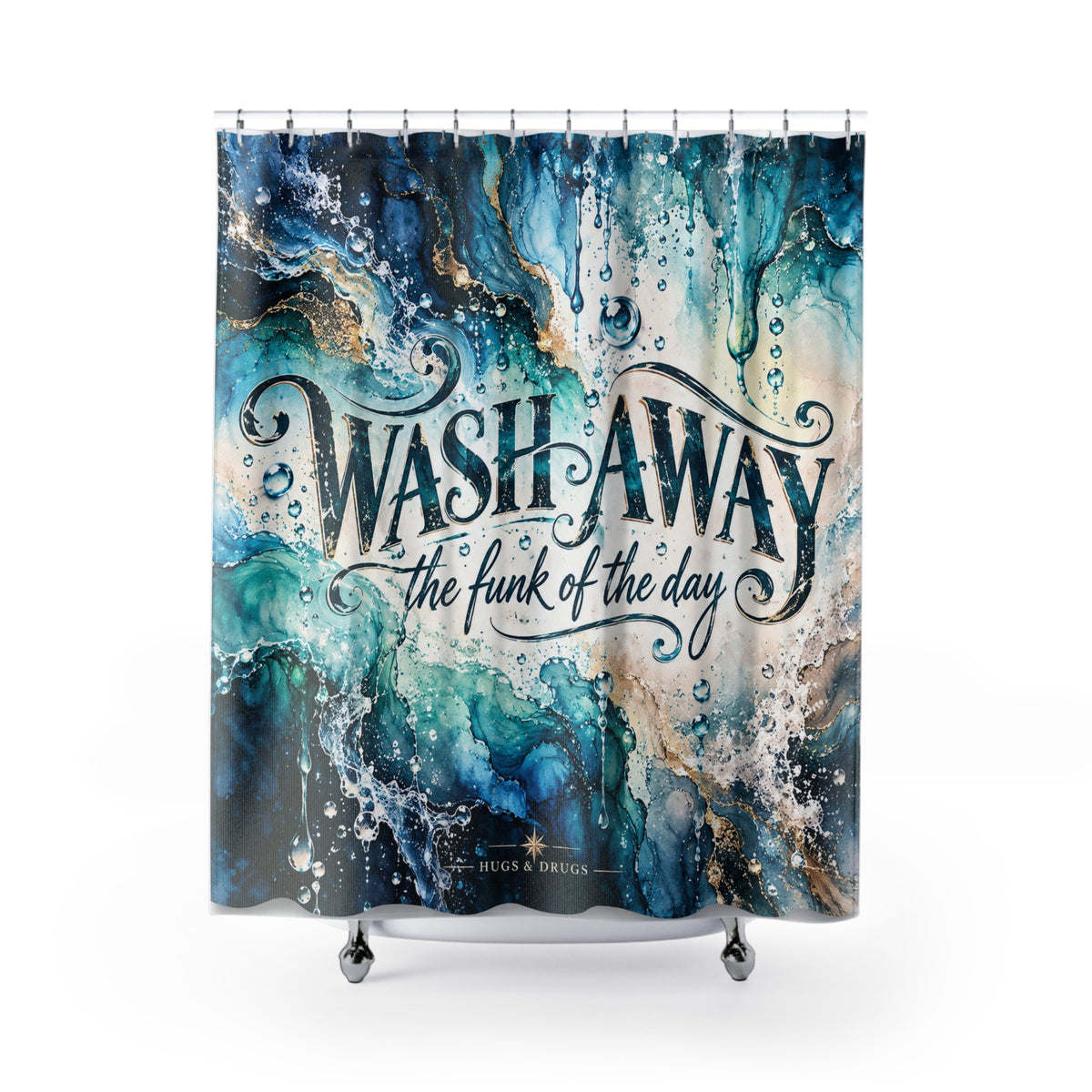 Wash Away the Funk of the Day Shower Curtain | Funny Swear Word Bathroom Decor | Blue Abstract Art