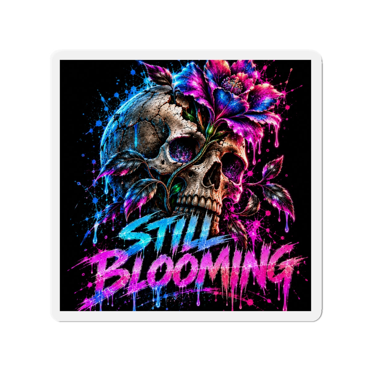 Still Blooming Skull Magnet – Neon Floral Gothic Fridge Magnet | Dark Botanical Art