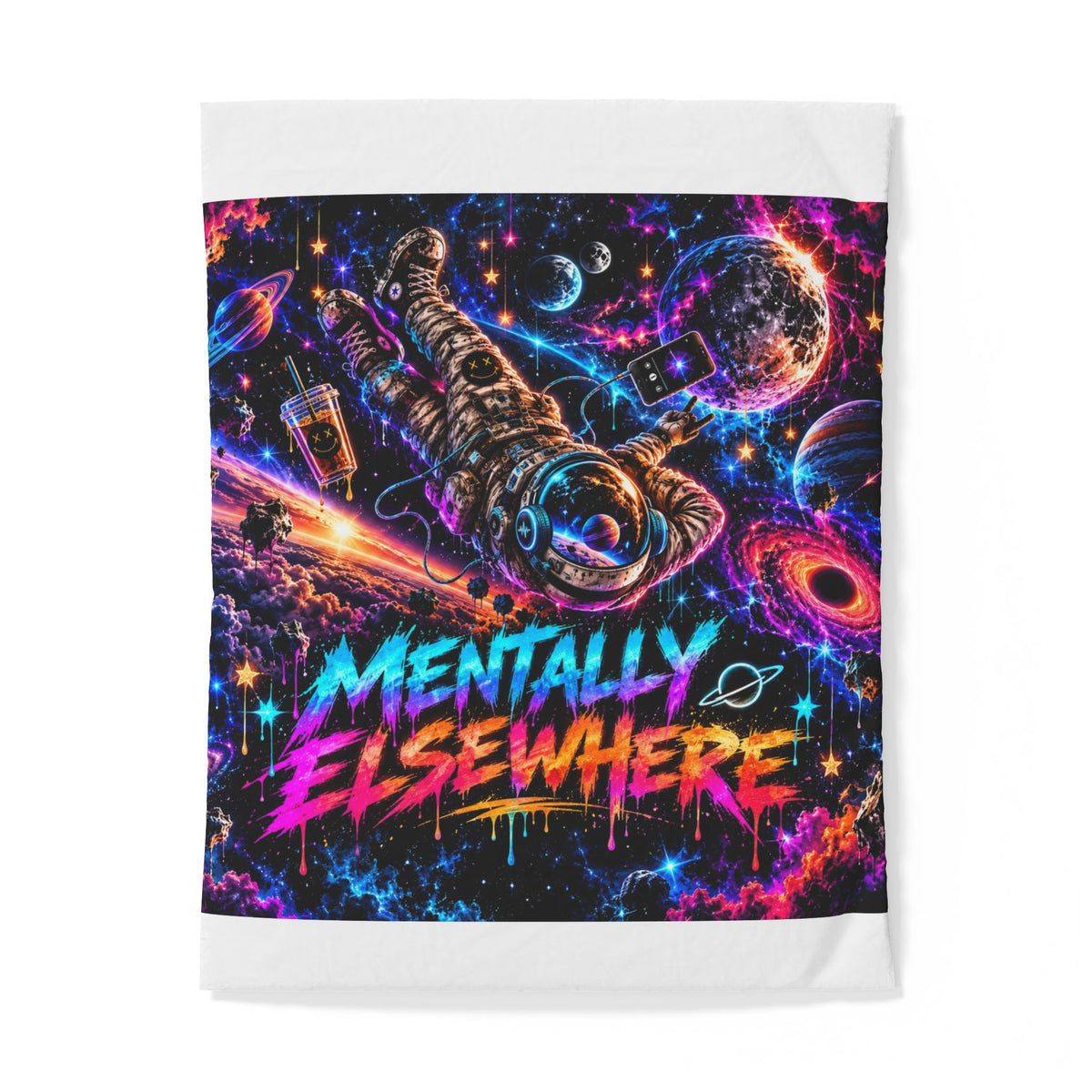 Mentally Elsewhere Cotton Duvet Cover | Neon Galaxy Astronaut Bedding | Space Bedroom Decor