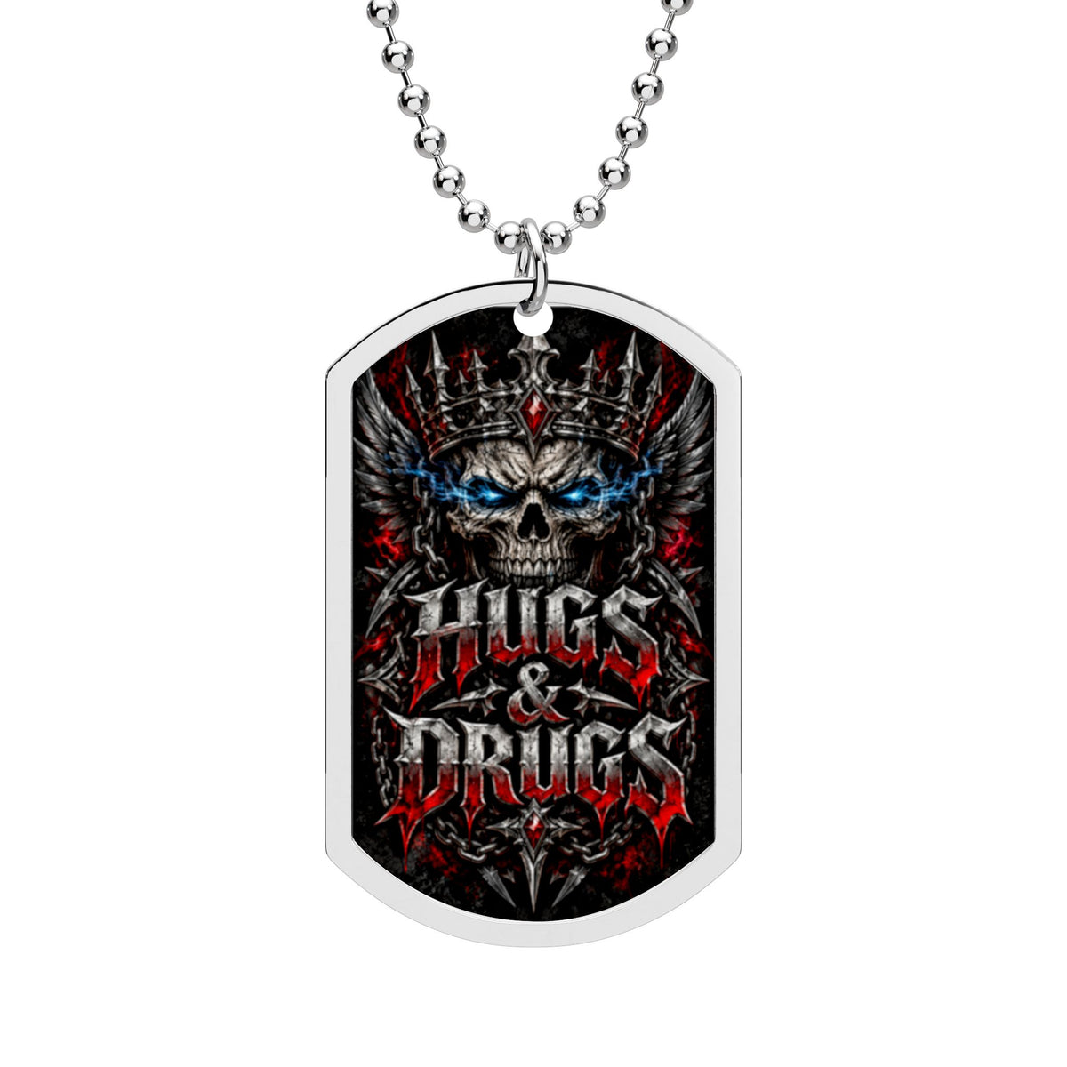 HUGS & DRUGS Skull Dog Tag Necklace | Gothic Stainless Steel Jewelry for Men