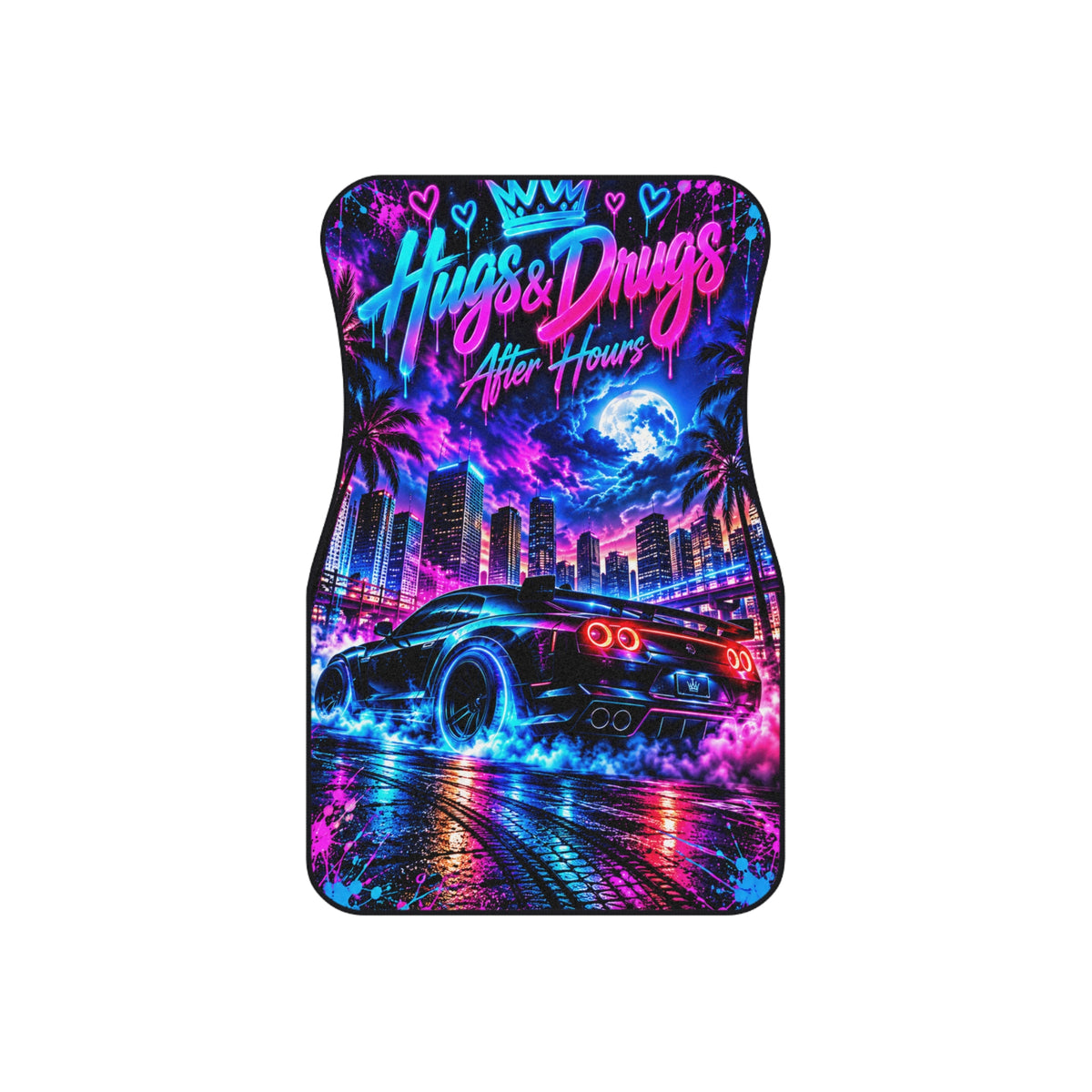 Hugs & Drugs After Hours Car Floor Mats – Neon Sports Car Design | 4-Piece Set