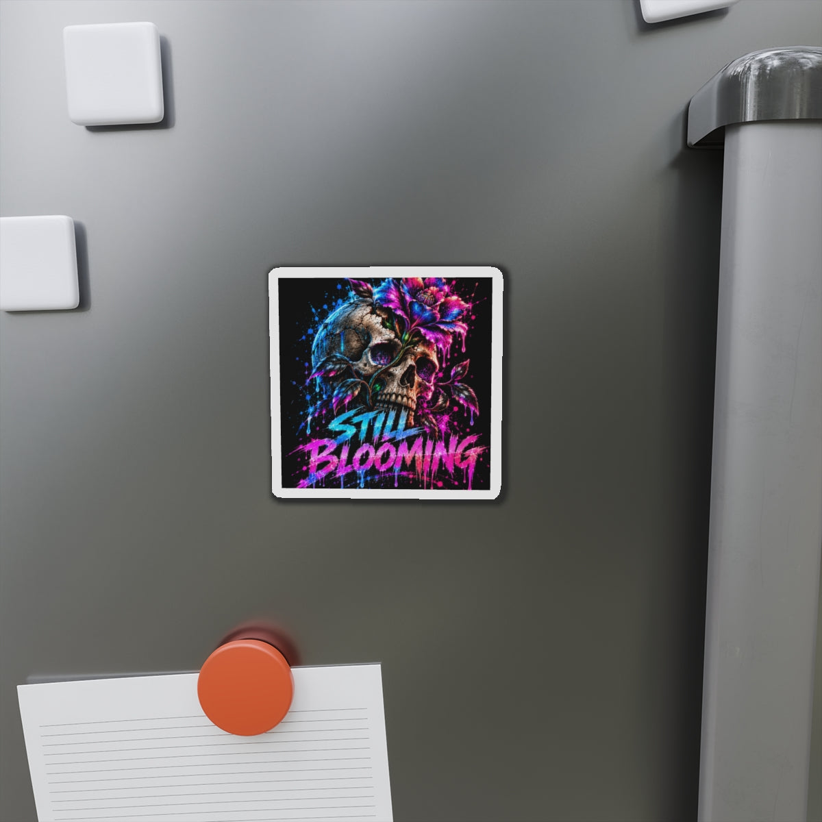 Still Blooming Skull Magnet – Neon Floral Gothic Fridge Magnet | Dark Botanical Art