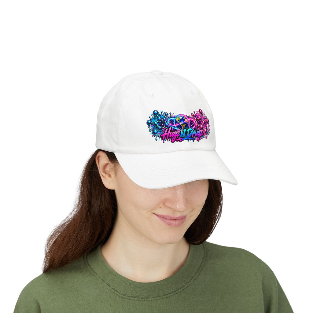 Hugs & Drugs Neon Graffiti Dad Hat | Colorful Streetwear Baseball Cap | Unisex