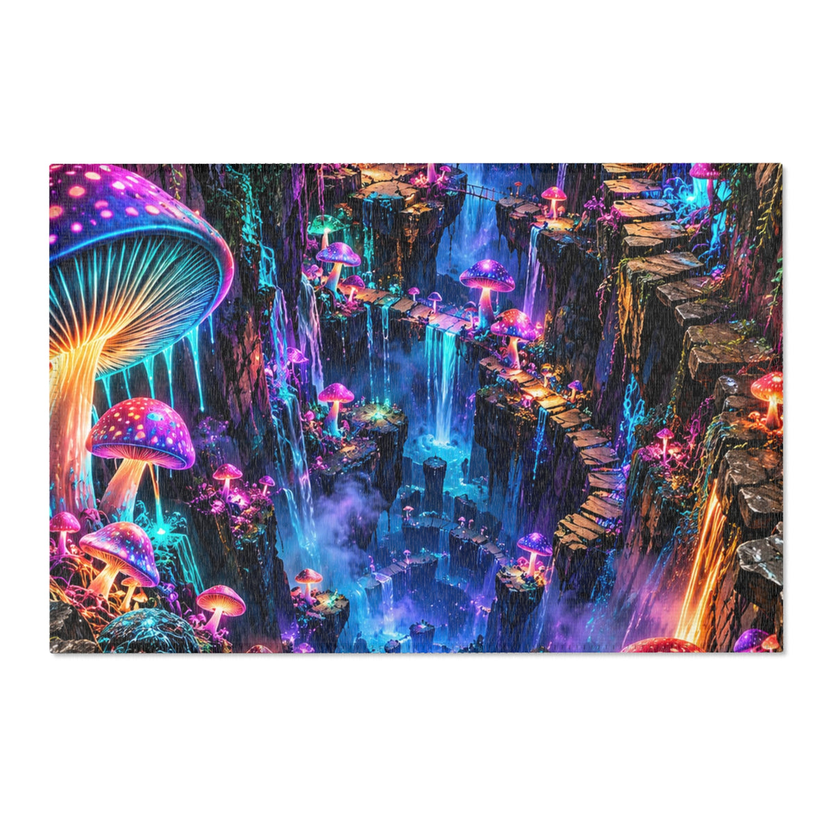 Enchanted Mushroom Forest Area Rug | Neon Fantasy Waterfall Rug | Psychedelic Woodland Decor