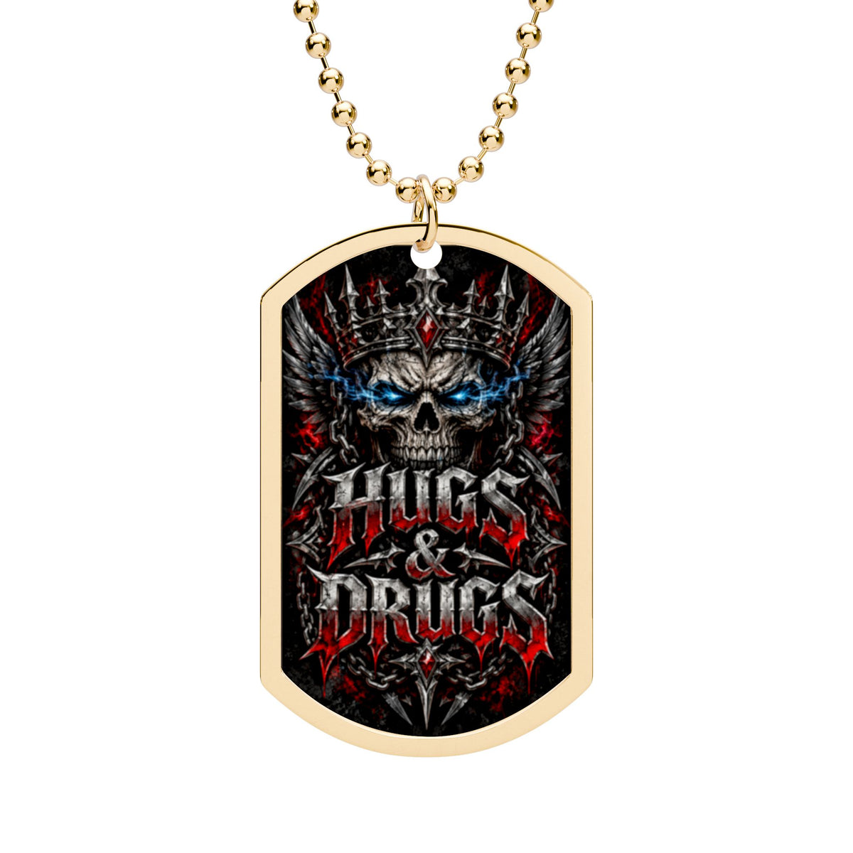 HUGS & DRUGS Skull Dog Tag Necklace | Gothic Stainless Steel Jewelry for Men