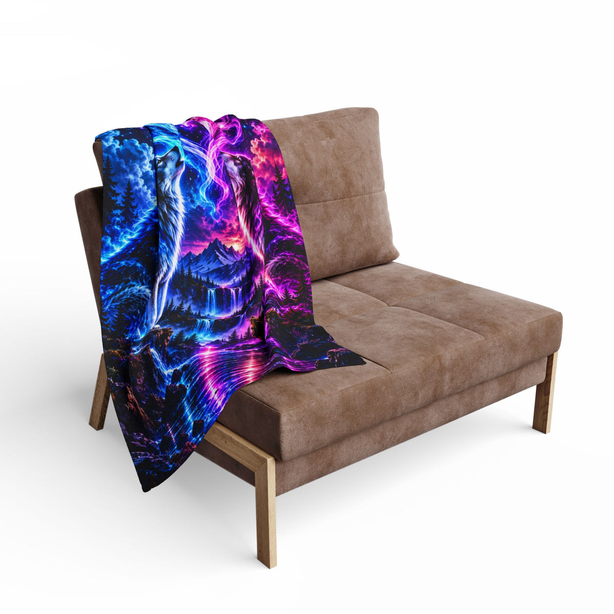 Aurora Wolf Fleece Blanket — Neon Wolves Heart Night Sky Throw