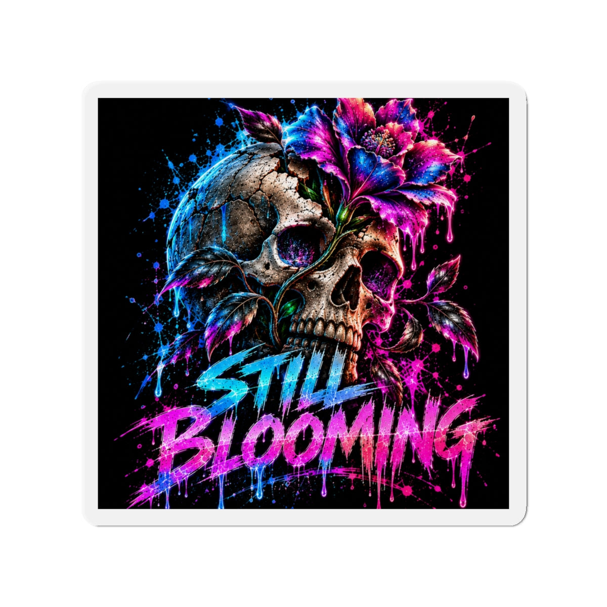 Still Blooming Skull Magnet – Neon Floral Gothic Fridge Magnet | Dark Botanical Art