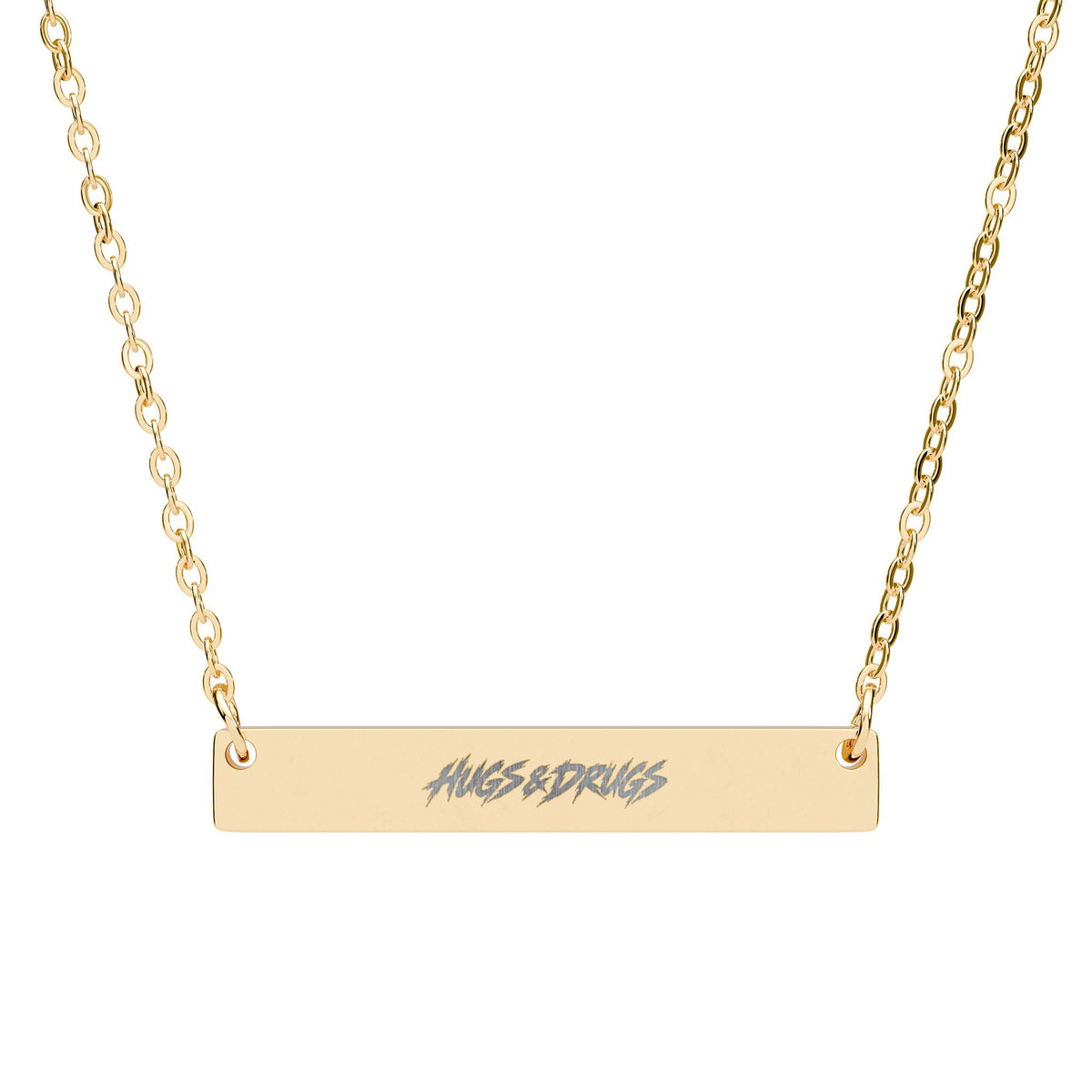 HUGS & DRUGS Engraved Bar Necklace | Edgy Stainless Steel Jewelry | Alternative Unisex Necklace