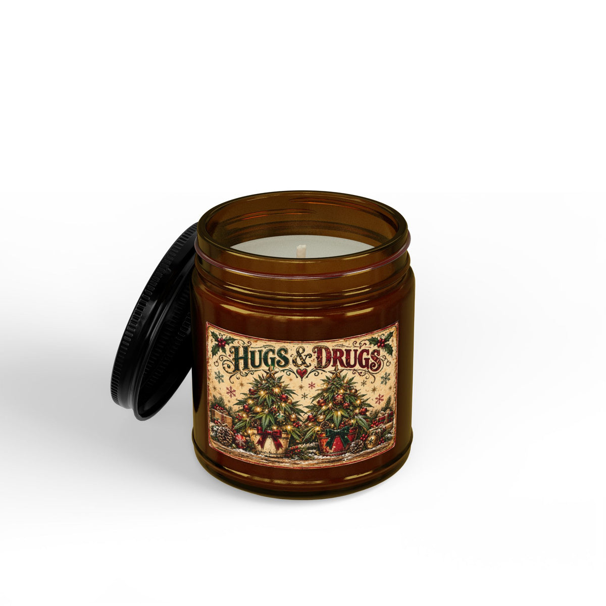 Hugs & Drugs Christmas Tree Candle | Funny Cannabis-Inspired Holiday Soy Candle