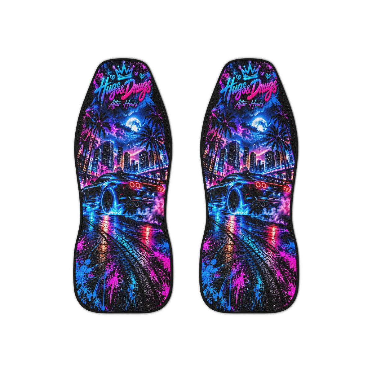 Hugs & Drugs After Hours Car Seat Covers – Neon Sports Car & Midnight City Design | Set of 2